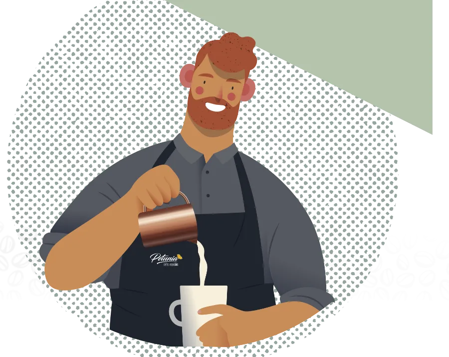Ilustración del maestro barista sirviendo café con delantal Petunia